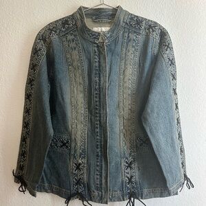 Denim 24/7 Blue Jean Jacket with Stand-Up Collar and Embroidery